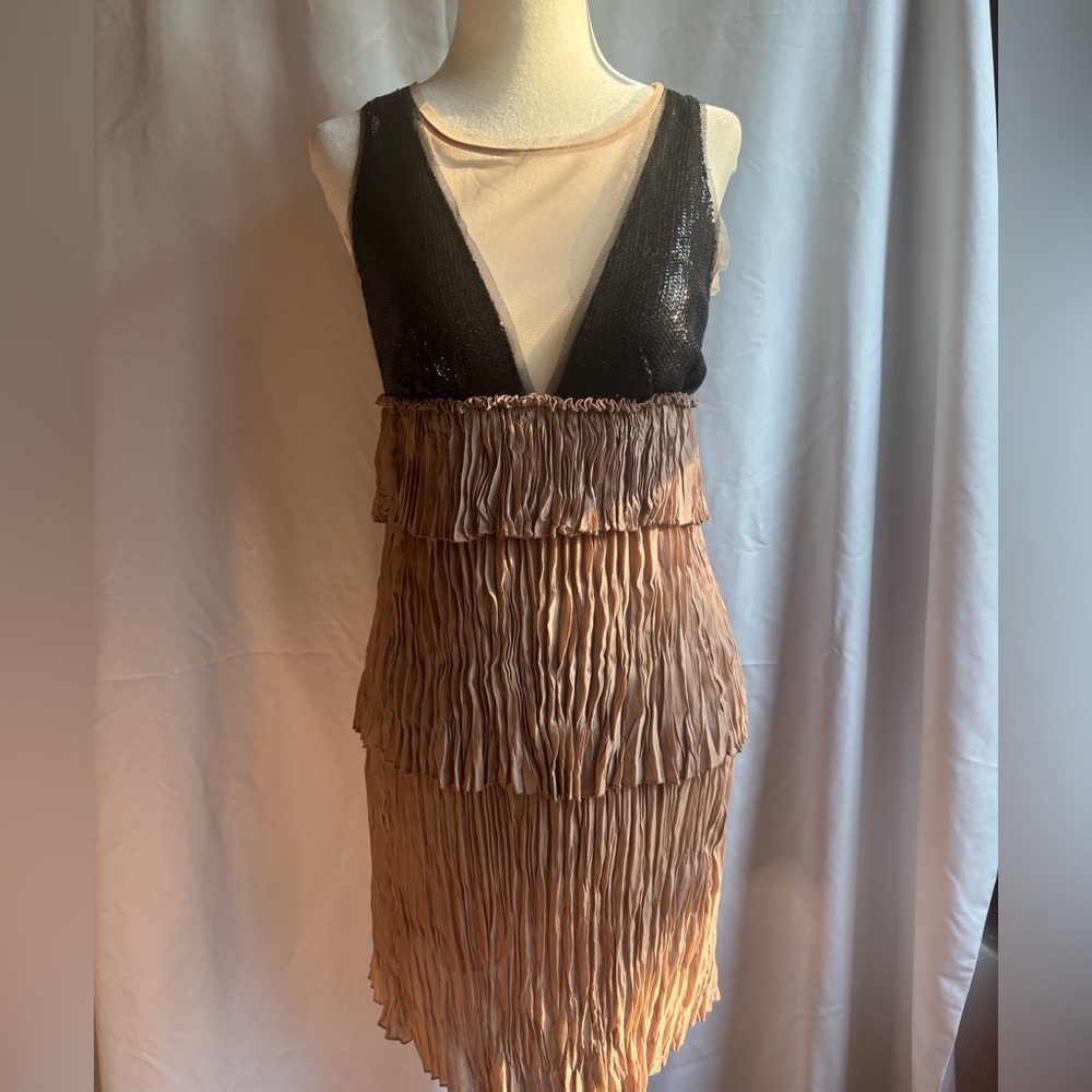 BCBGMaxAzria Black Sequin and Tan Ruffle Dress